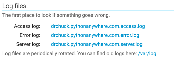 An image showing the three log links under the Web tab in PythonAnywhere