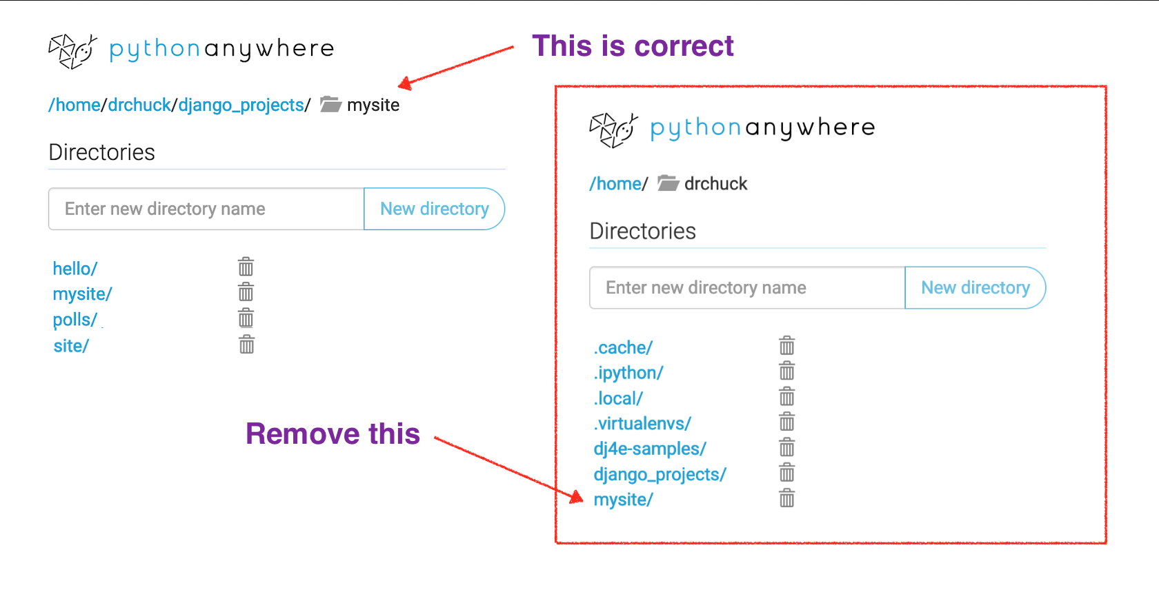 An image showing a mysite folder in django_projects and in the home directory with instructions to remove the one in the home directory