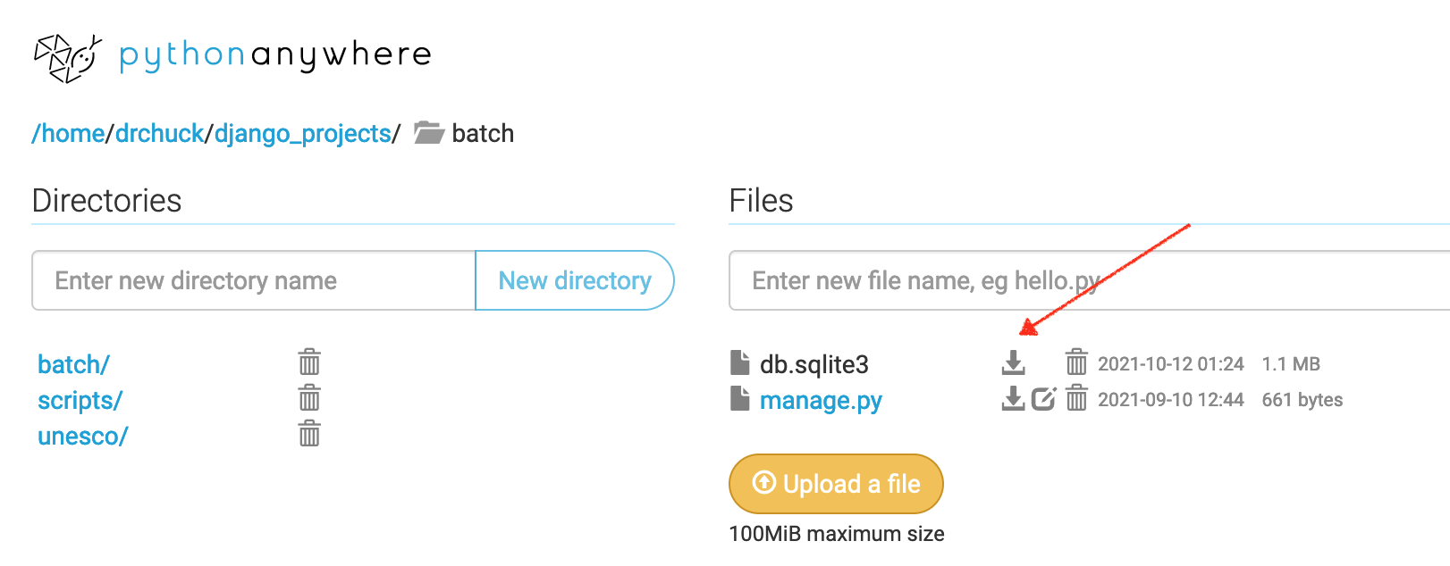 An image pointing to the download icon on the Files tab on PythonAnywhere